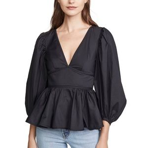STAUD Luna top size 6 NWT black poplin voluminous v-neck puff sleeve blouse